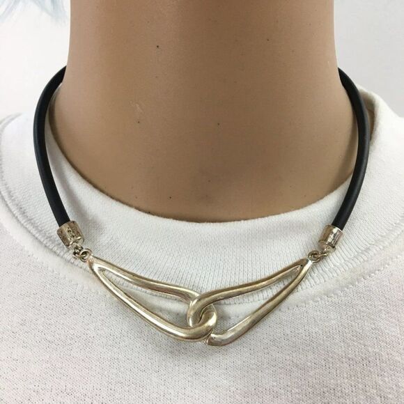 Vintage 1990s Y2K Silver Tone Drop Loop Choker Necklace Rubber Cord - Picture 1 of 14